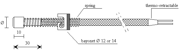 Drawing of thermocouple with bayonet Ø 6 or 8.